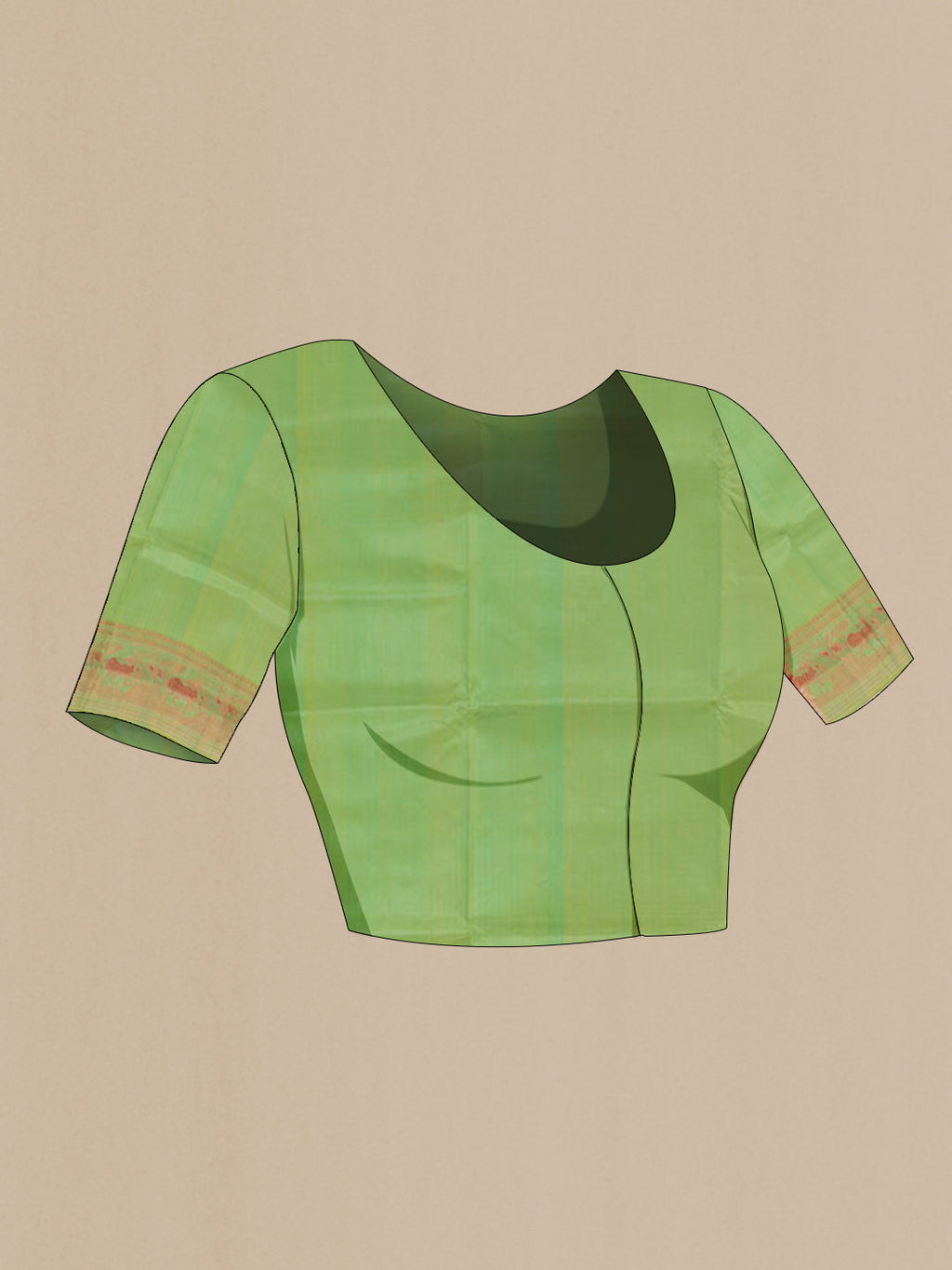 Close up image of the blouse of Green Baluchari Silk Saree with Zari Butta on the body and Zari Border. 