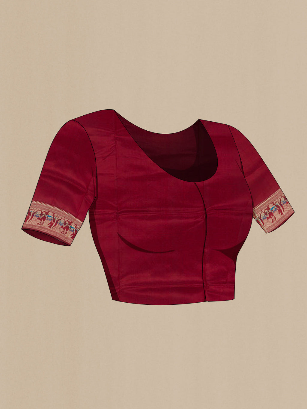 Close up image of the blouse of Maroon Baluchari Silk Saree with Zari And Thread Butta on the body and Zari Border. 