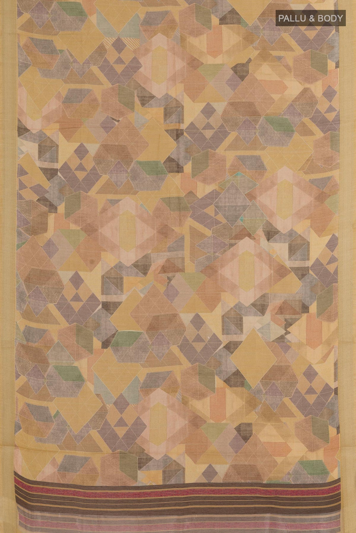 Flat view of Multi Color Tussar Silk Saree with Geometric Print on the body and Zari Border. 