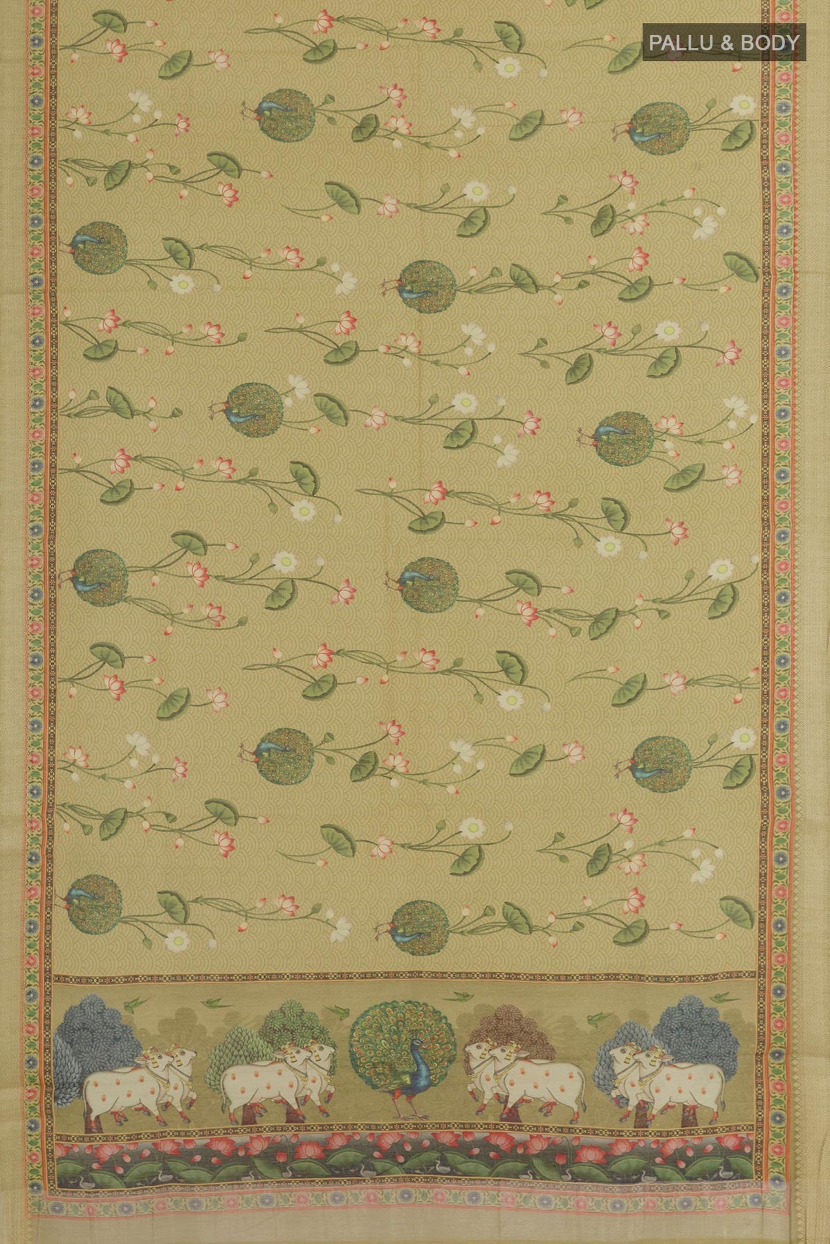 Flat view of Green Tussar Silk Saree with Printed design on the body and Zari Border. 