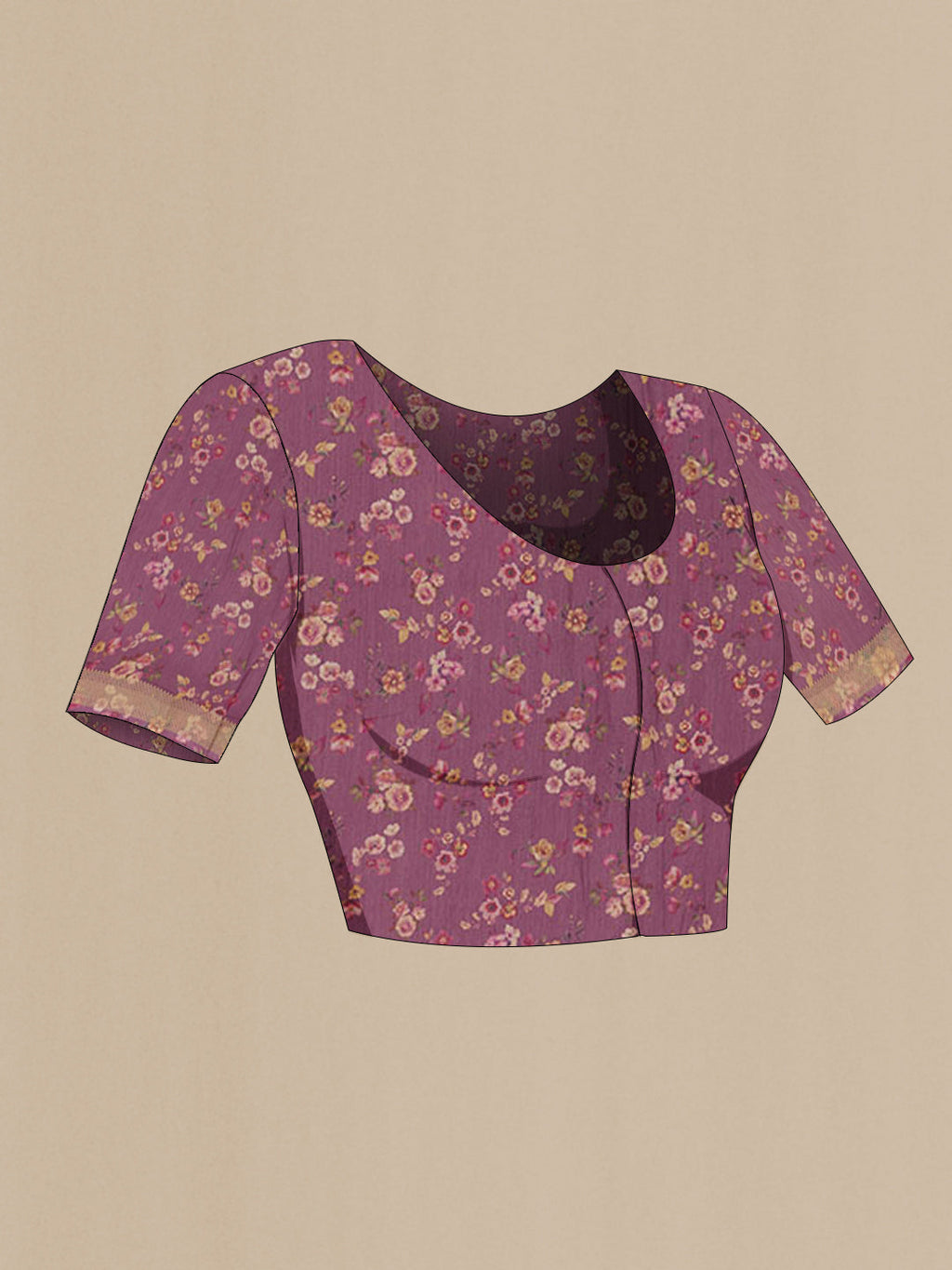 Close up image of the blouse of Purple Tussar Silk Saree with Floral Print on the body and Zari Border. 
