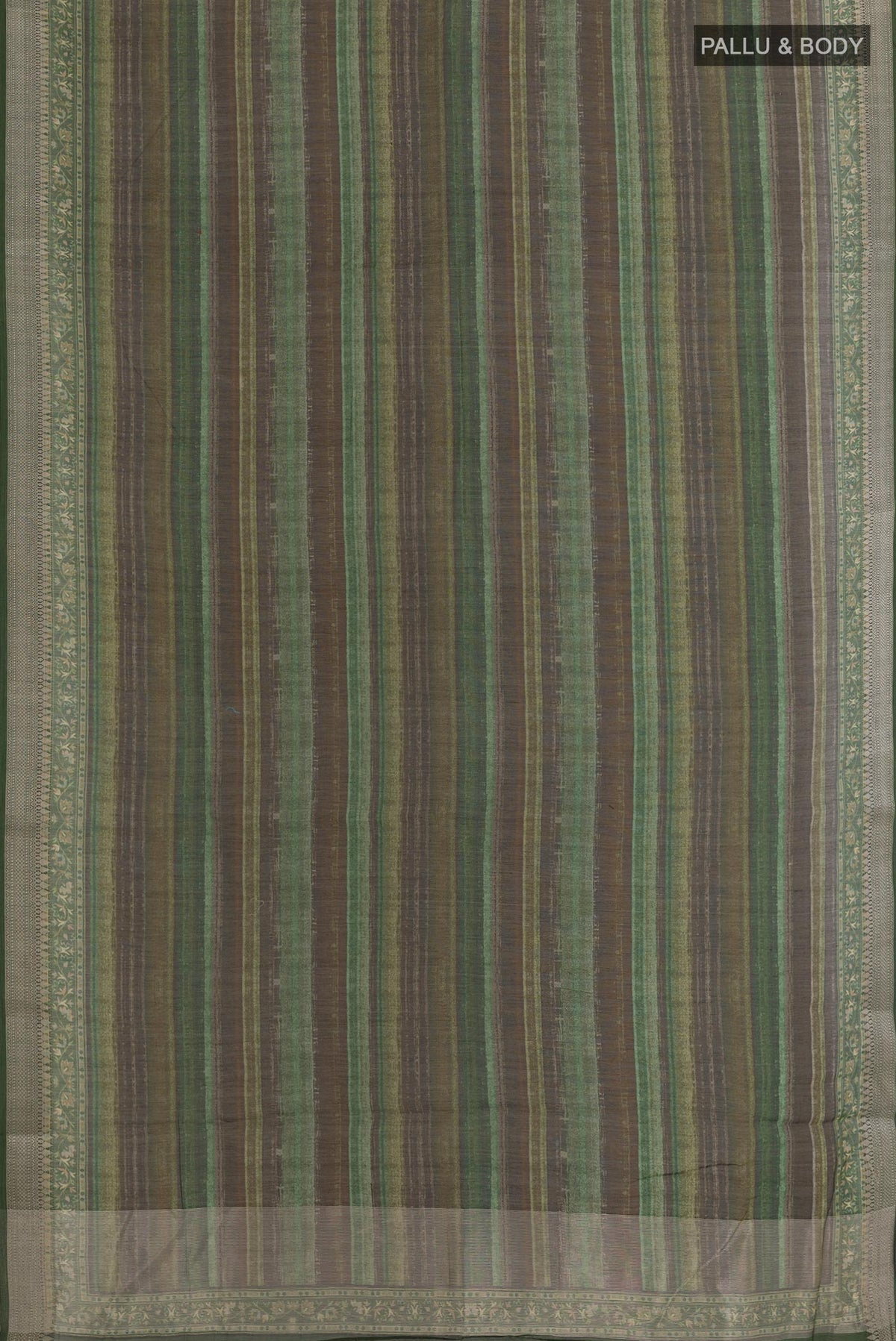 Flat view of Multi Color Tussar Silk Saree with Printed design on the body and Zari Border. 