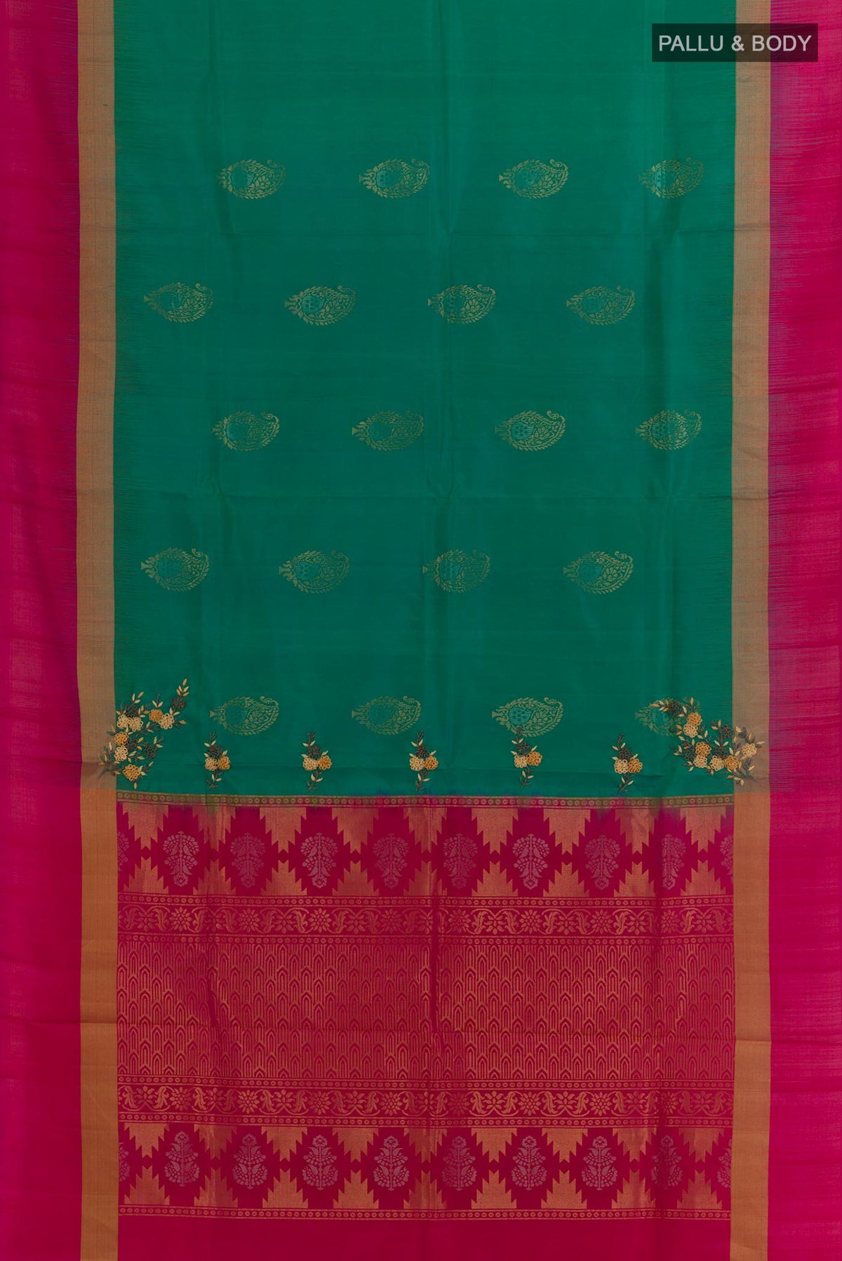 Flat view of Sea Green Soft Silk Saree with Zari Butta on the body and Zari Border. 