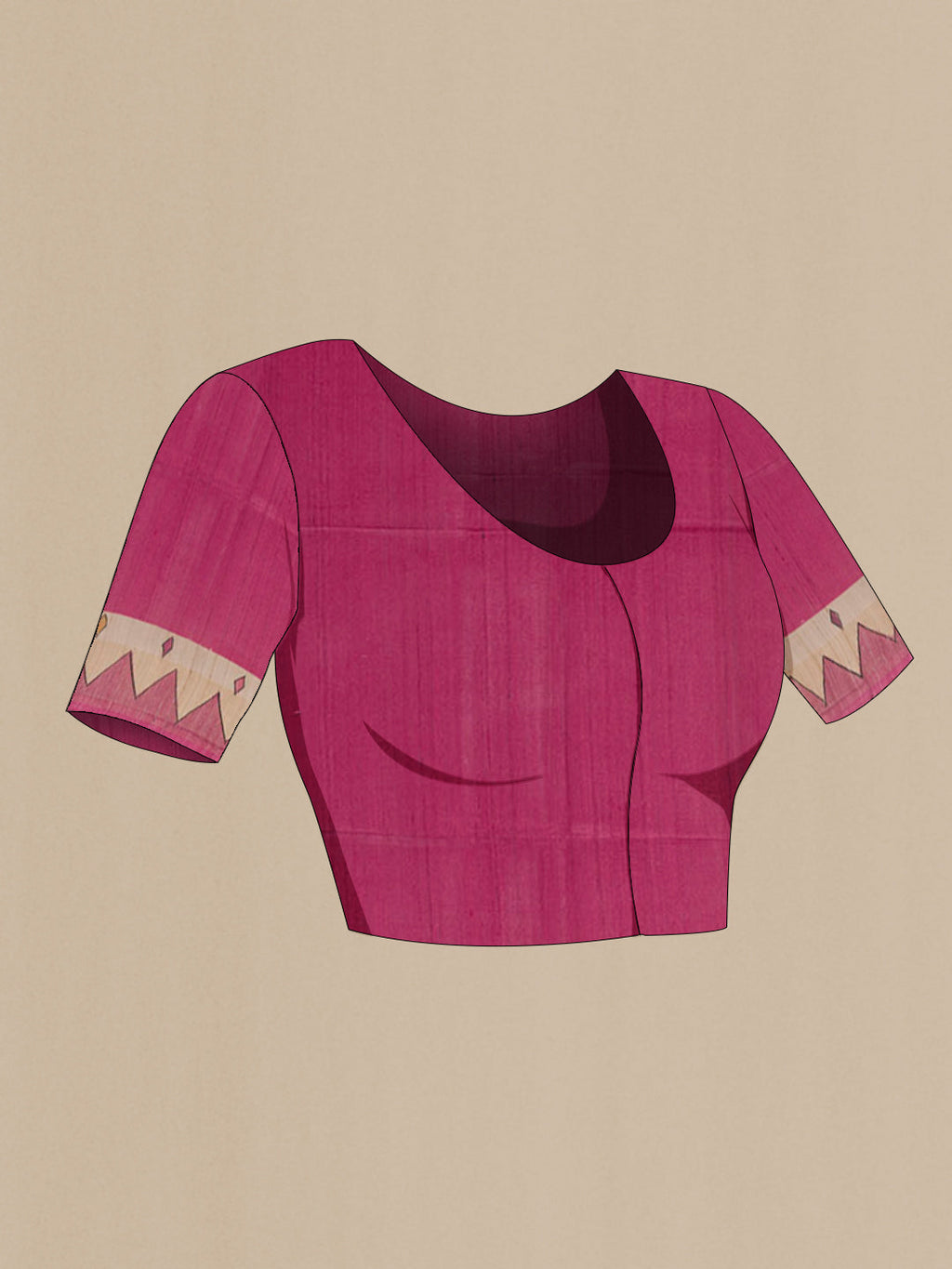 Close up image of the blouse of Pink Tussar Silk Saree with Plain Body and Printed Border. 