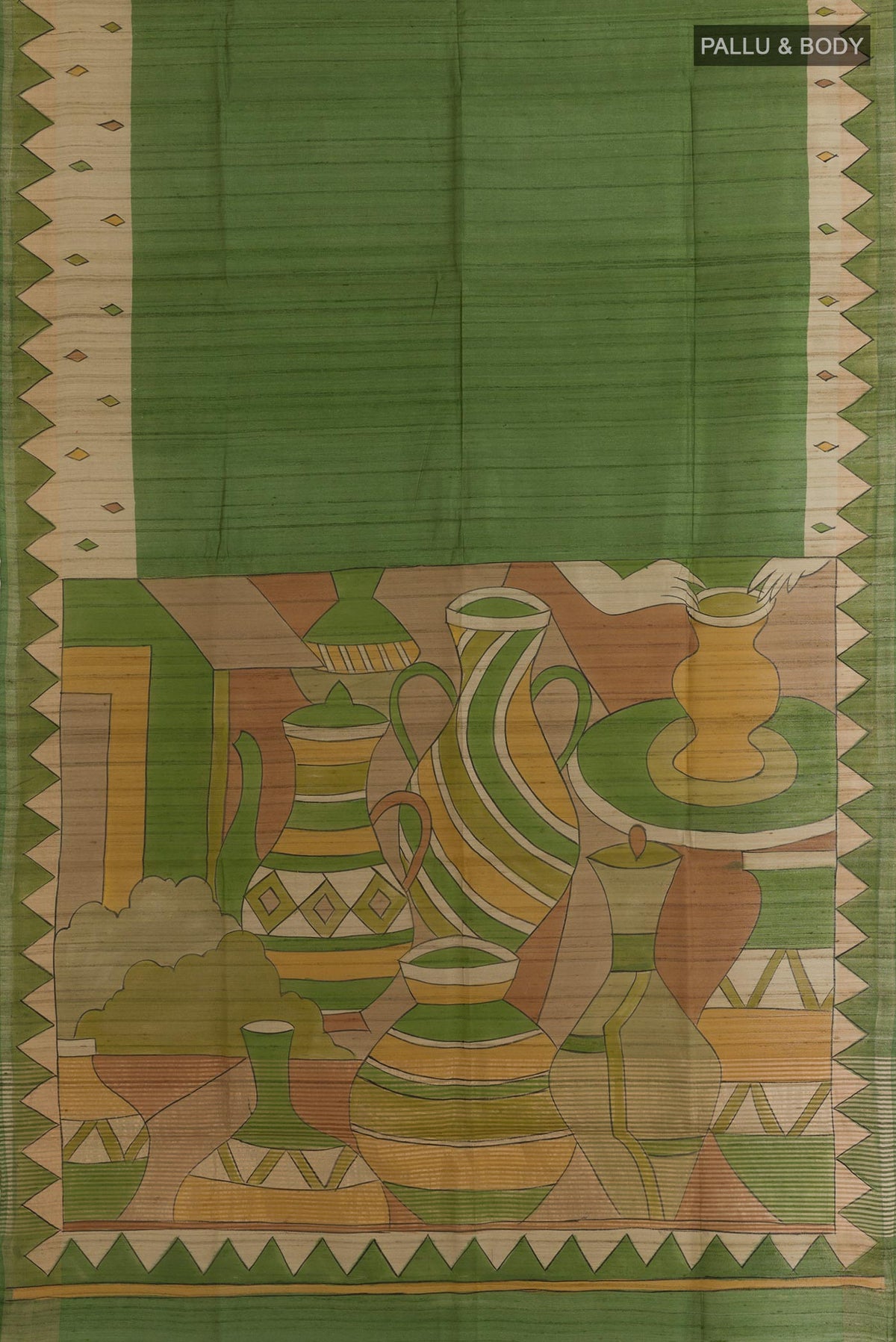 Flat view of Green Tussar Silk Saree with Plain Body and Printed Border. 