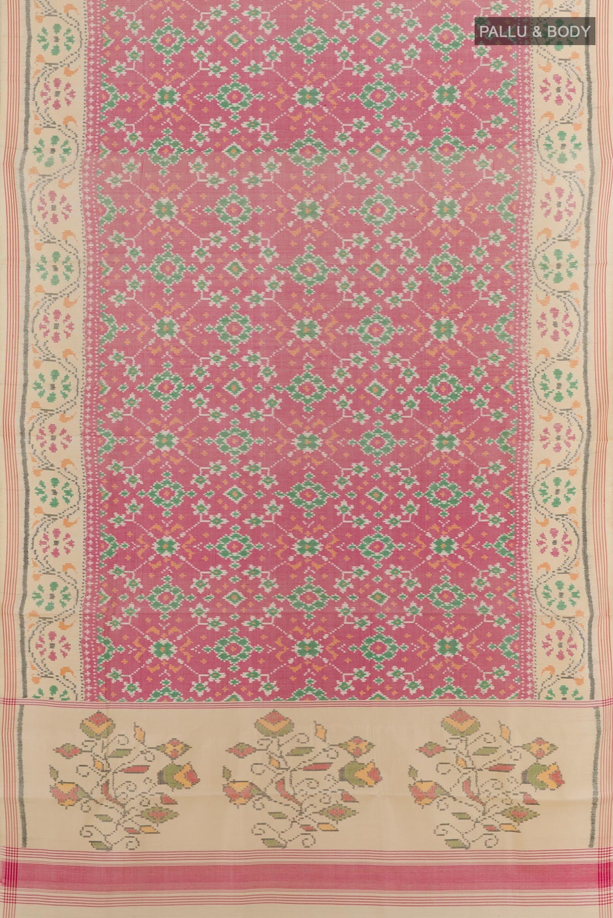 Flat view of Off White Rajkot Patola Silk Saree with Ikat design on the body and Zari Border. 