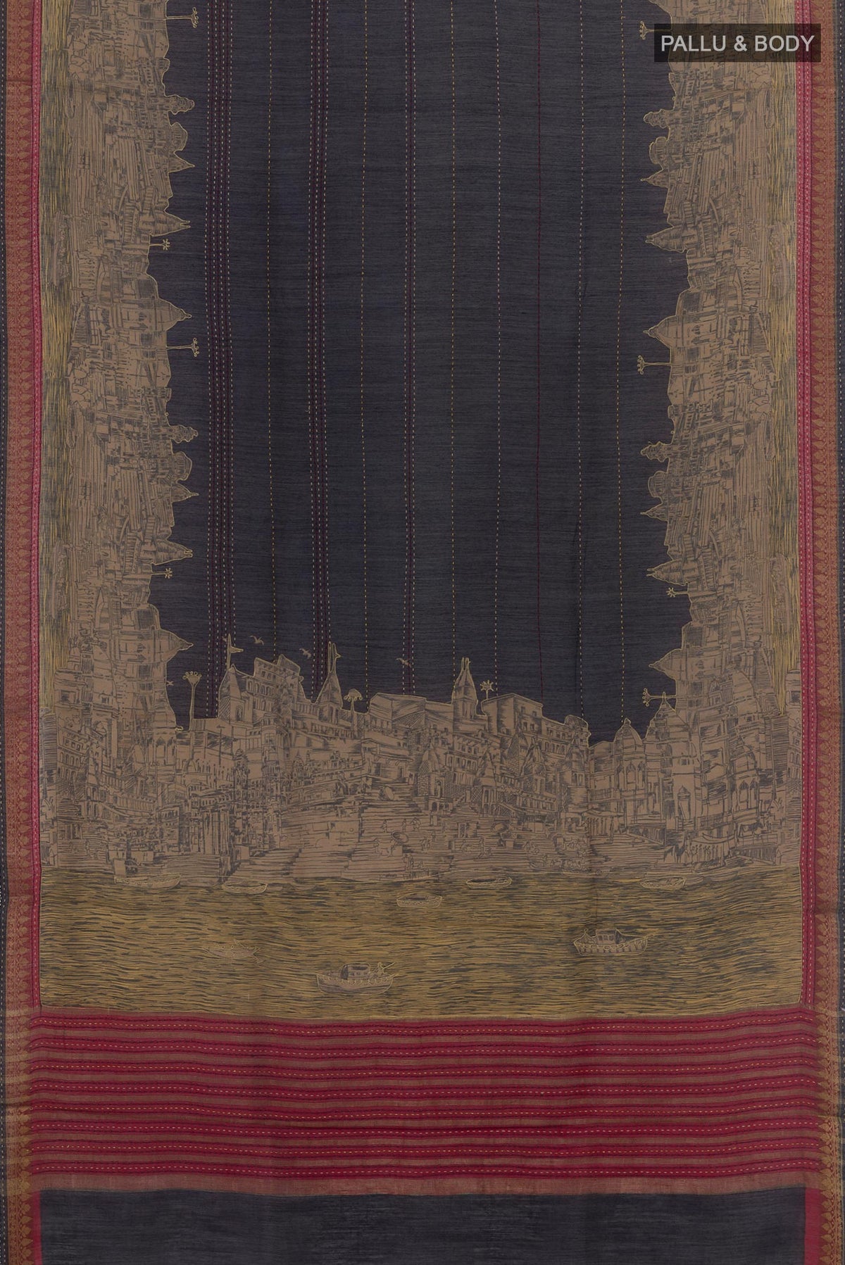 Flat view of Dark Blue Tussar Saree with Stripes on the body and Zari Border. 