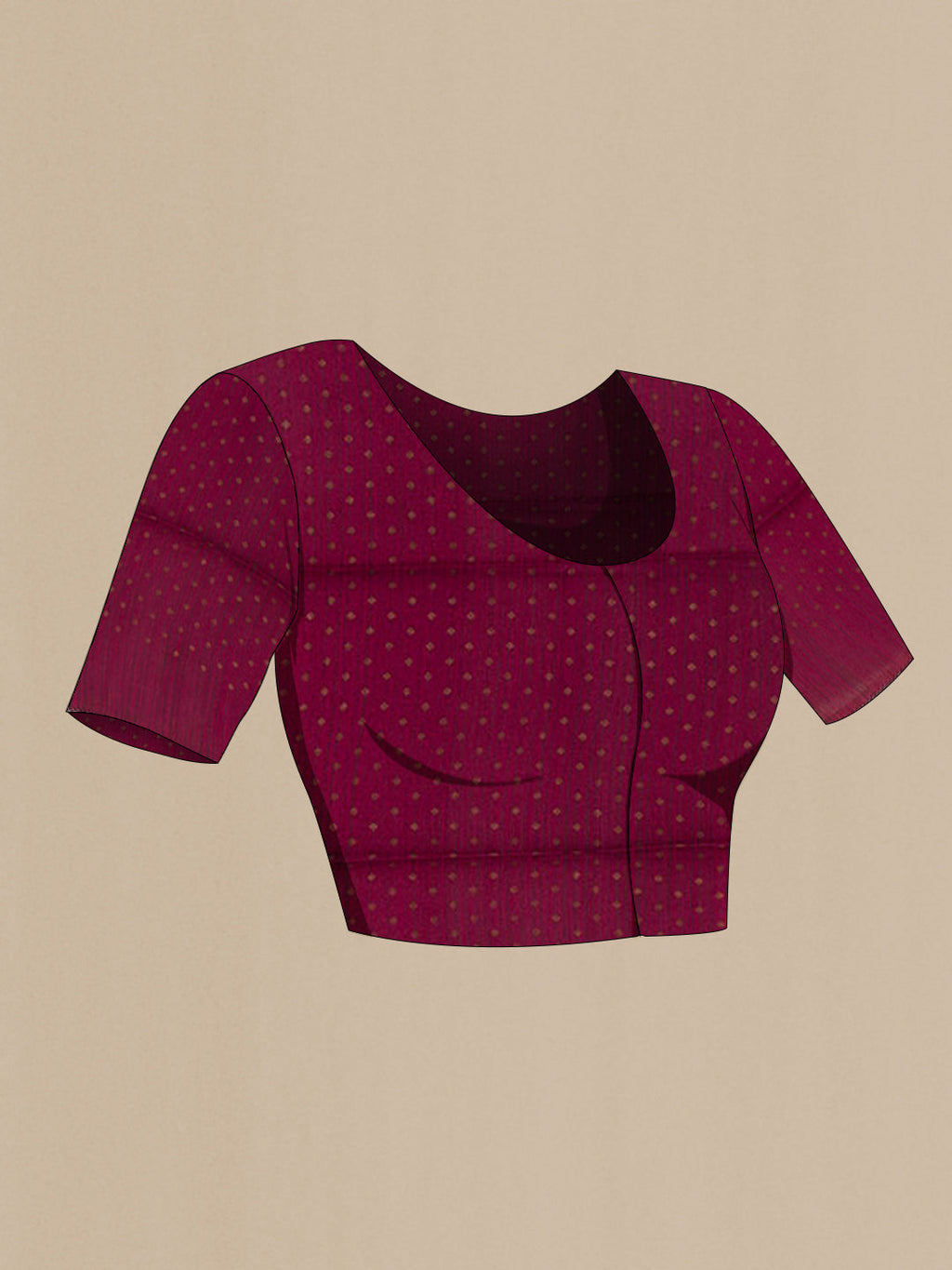 Close up image of the blouse of Maroon Tussar Silk Saree with Stripes on the body and Thread Border. 