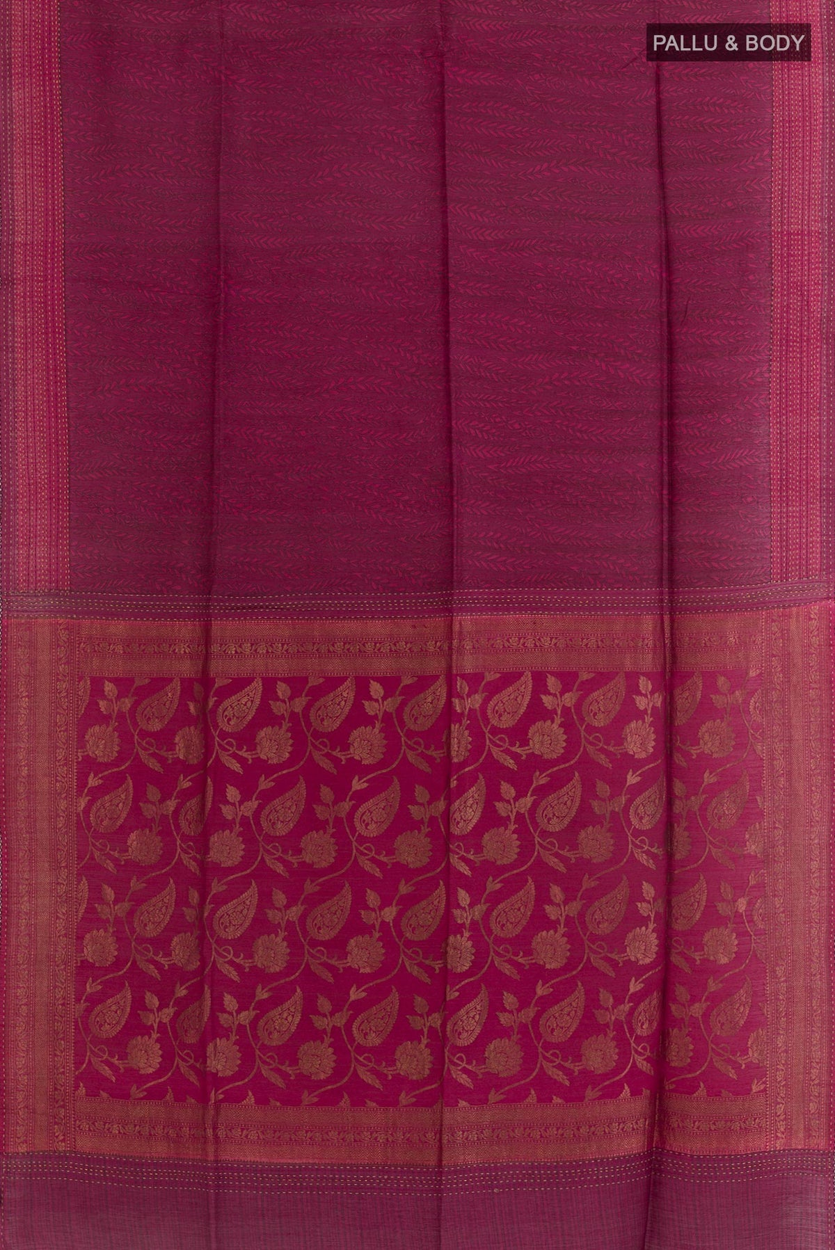 Flat view of Maroon Tussar Silk Saree with Stripes on the body and Thread Border. 