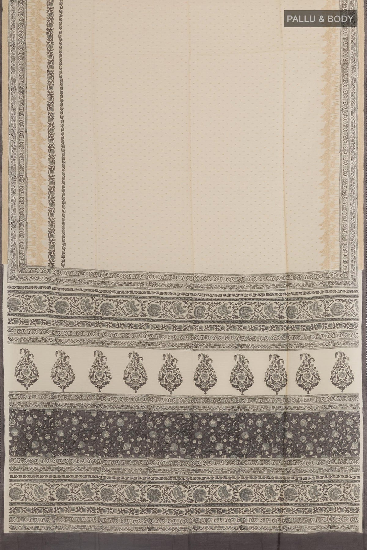 Flat view of Cream Tussar Silk Saree with Printed design on the body and Printed Border. 