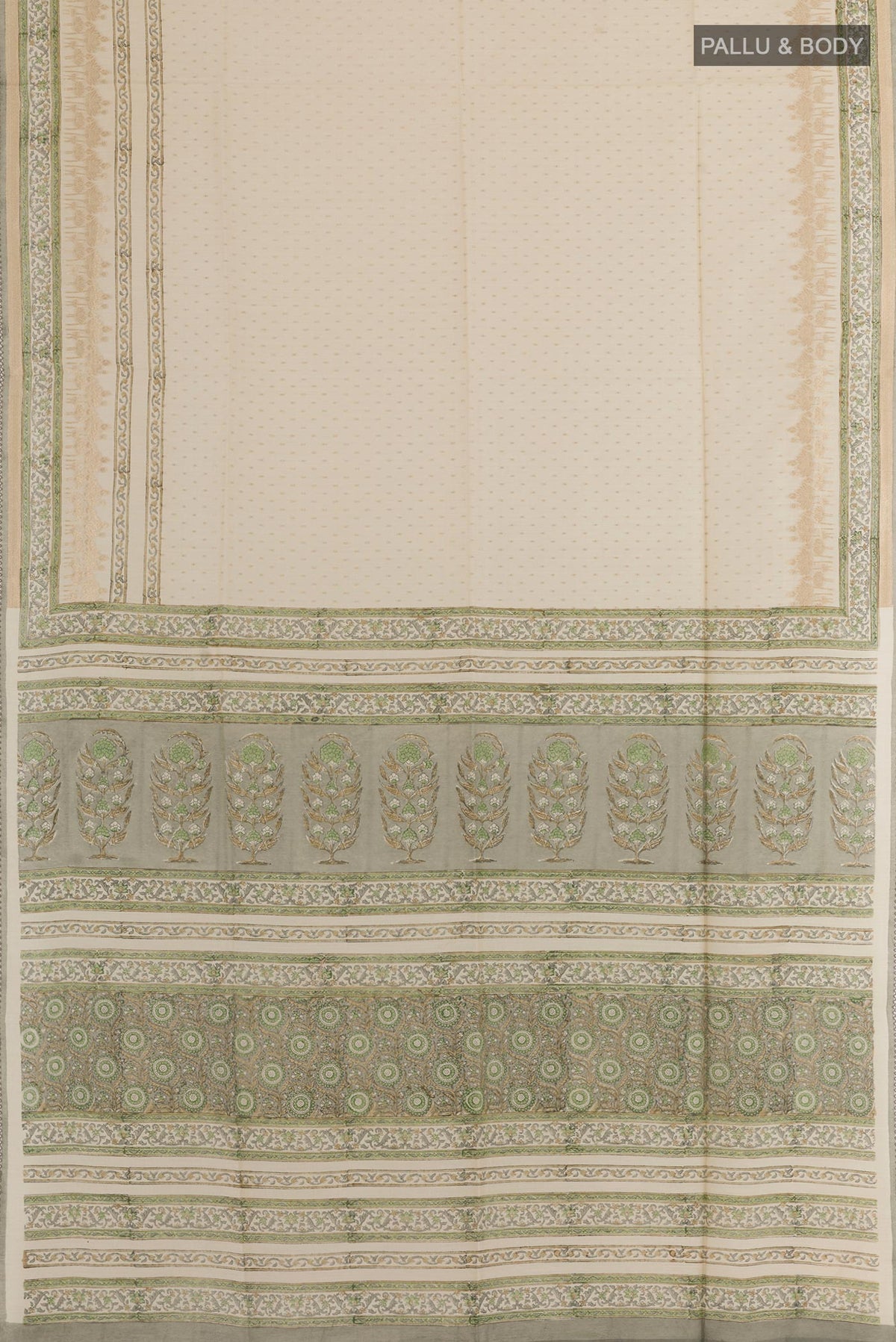 Flat view of Cream Tussar Silk Saree with Zari Butta on the body and Printed Border. 