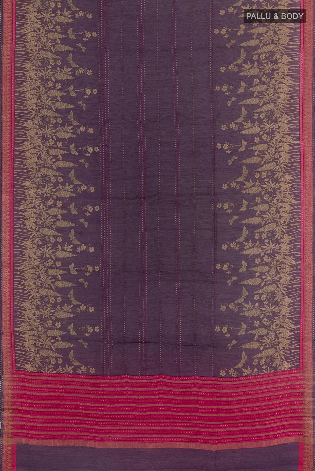 Flat view of Purple Tussar Saree with Printed design on the body and Zari Border. 