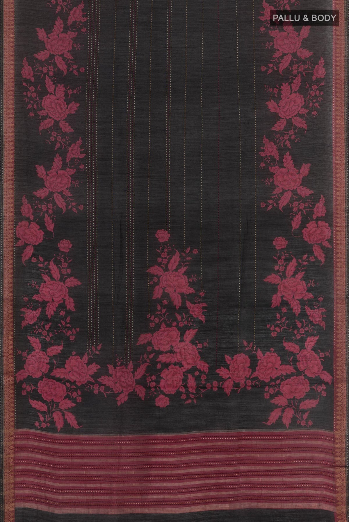 Flat view of Black Tussar Saree with Stripes on the body and Zari Border. 
