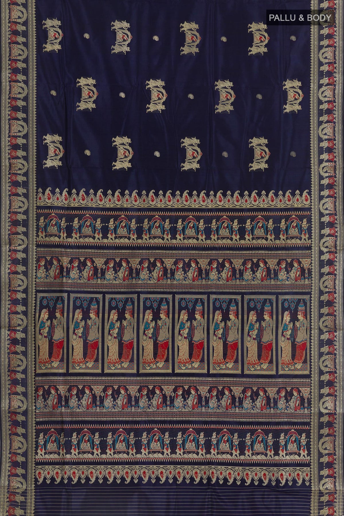 Flat view of Dark Blue Baluchari Silk Saree with Zari Butta on the body and Zari Border. 