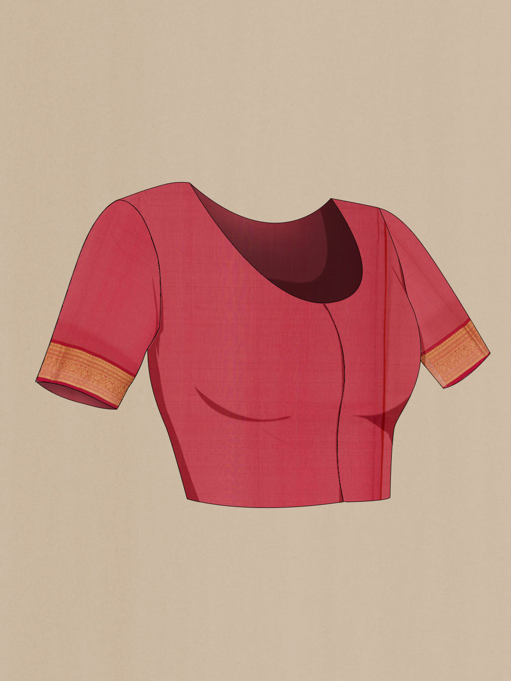 Close up image of the blouse of Orange Blended Kora Cotton Saree with Zari Butta on the body and Zari Border. 