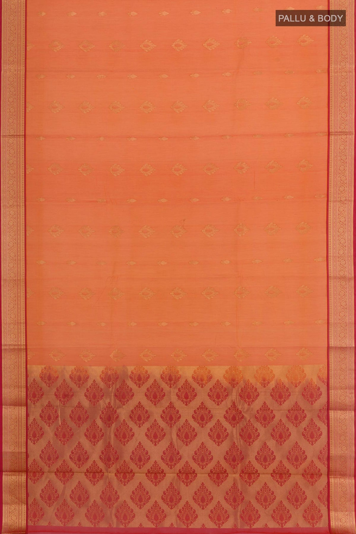 Flat view of Orange Blended Kora Cotton Saree with Zari Butta on the body and Zari Border. 