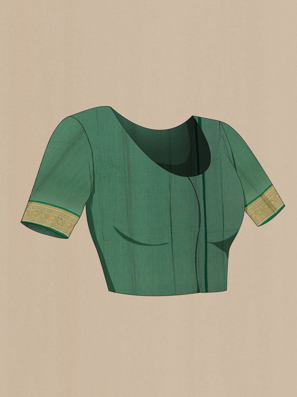 Close up image of the blouse of Mustard Silk Cotton Saree with Zari Butta on the body and Zari Border. 