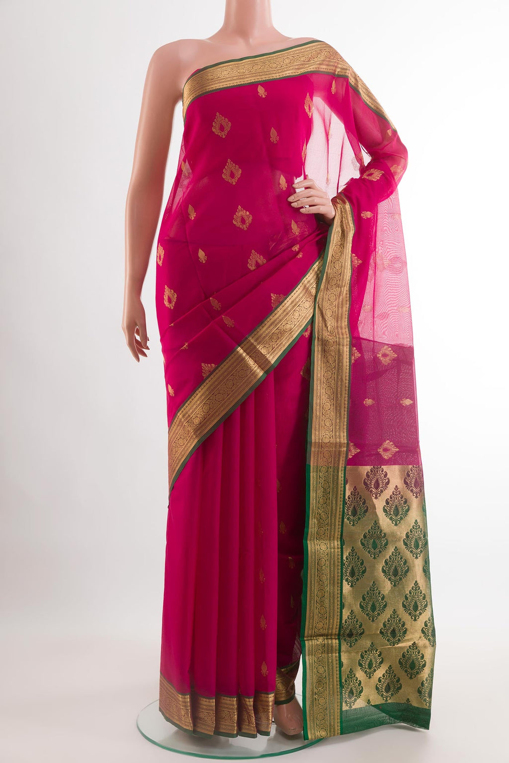 Pink Blended Kora Cotton Saree with Zari Butta on the body and Zari Border.  displayed on a mannequin