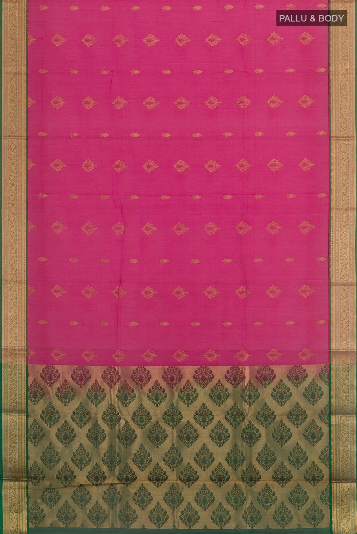 Flat view of Pink Blended Kora Cotton Saree with Zari Butta on the body and Zari Border. 
