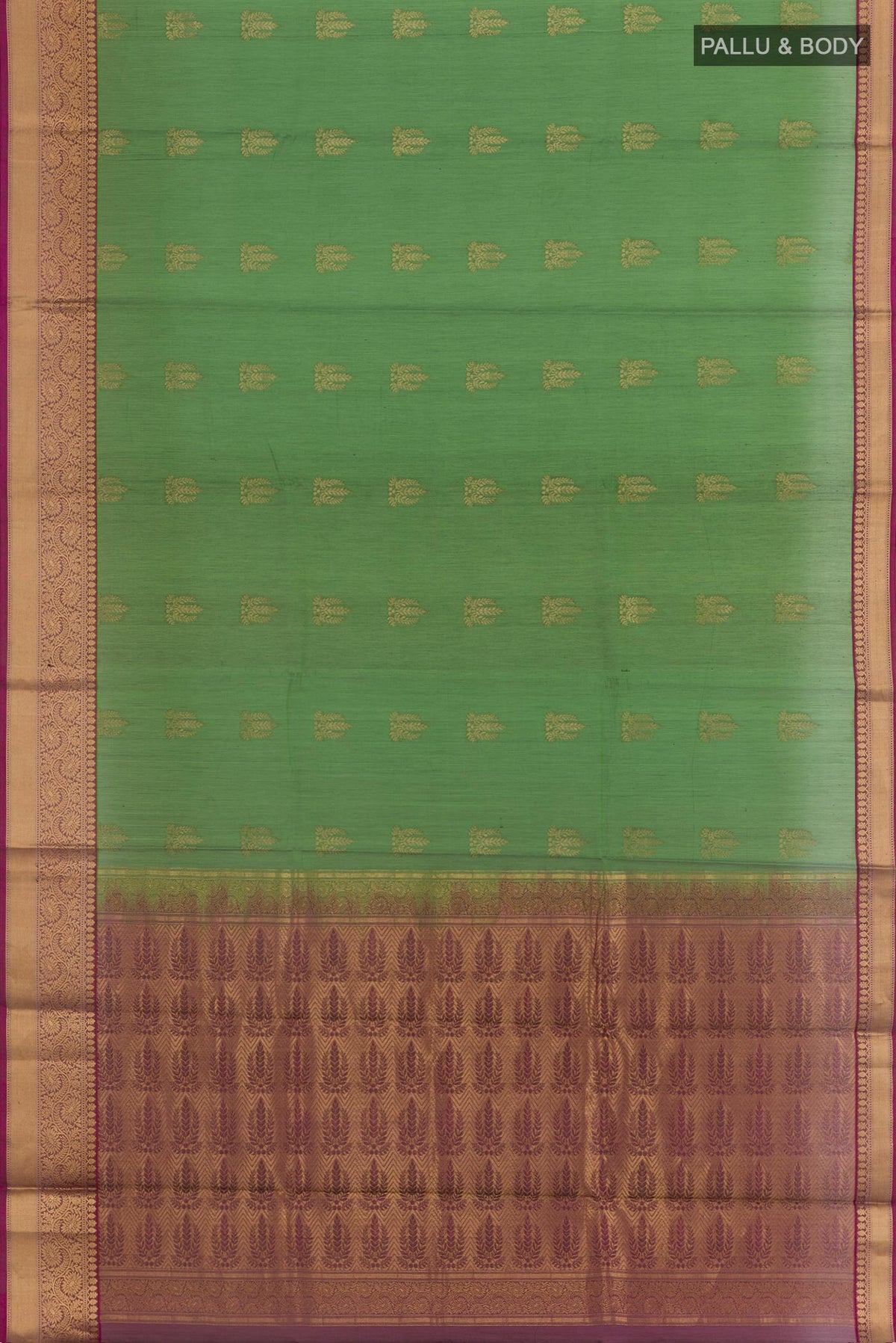 Flat view of Green Blended Kora Cotton Saree with Zari Butta on the body and Zari Border. 
