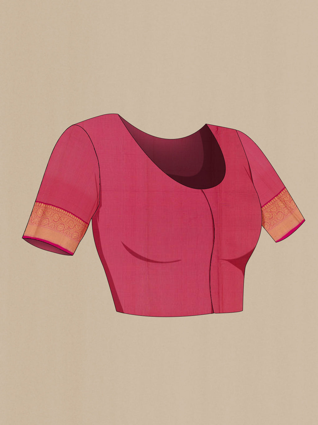 Close up image of the blouse of Beige Blended Kora Cotton Saree with Zari Butta on the body and Zari Border. 