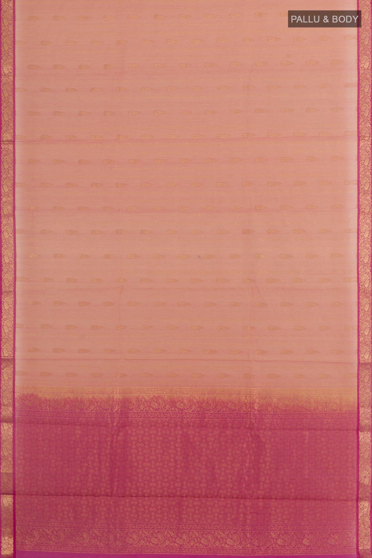 Flat view of Peach Blended Kora Cotton Saree with Zari Butta on the body and Zari Border. 