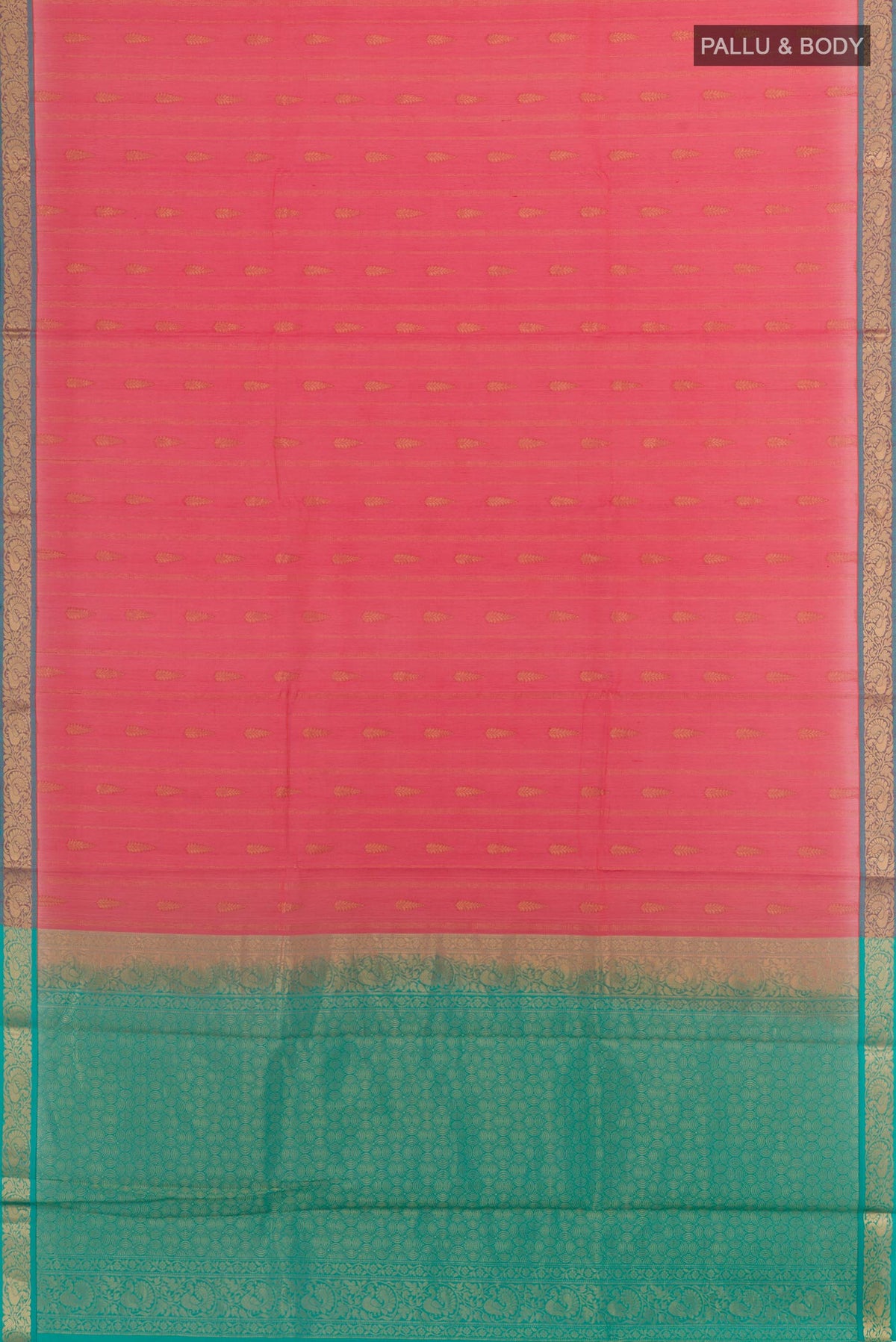 Flat view of Pink Blended Kora Cotton Saree with Zari Butta on the body and Zari Border. 
