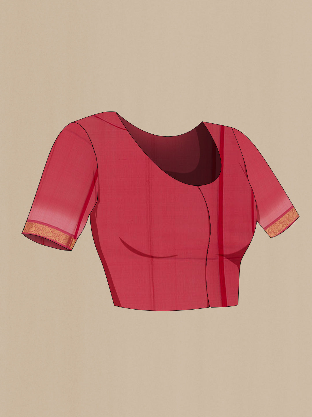 Close up image of the blouse of Beige Blended Kora Cotton Saree with Zari Butta on the body and Zari Border. 