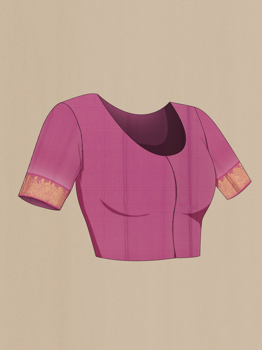 Close up image of the blouse of Rose Gold Silk Cotton Saree with Zari Butta on the body and Zari Border. 