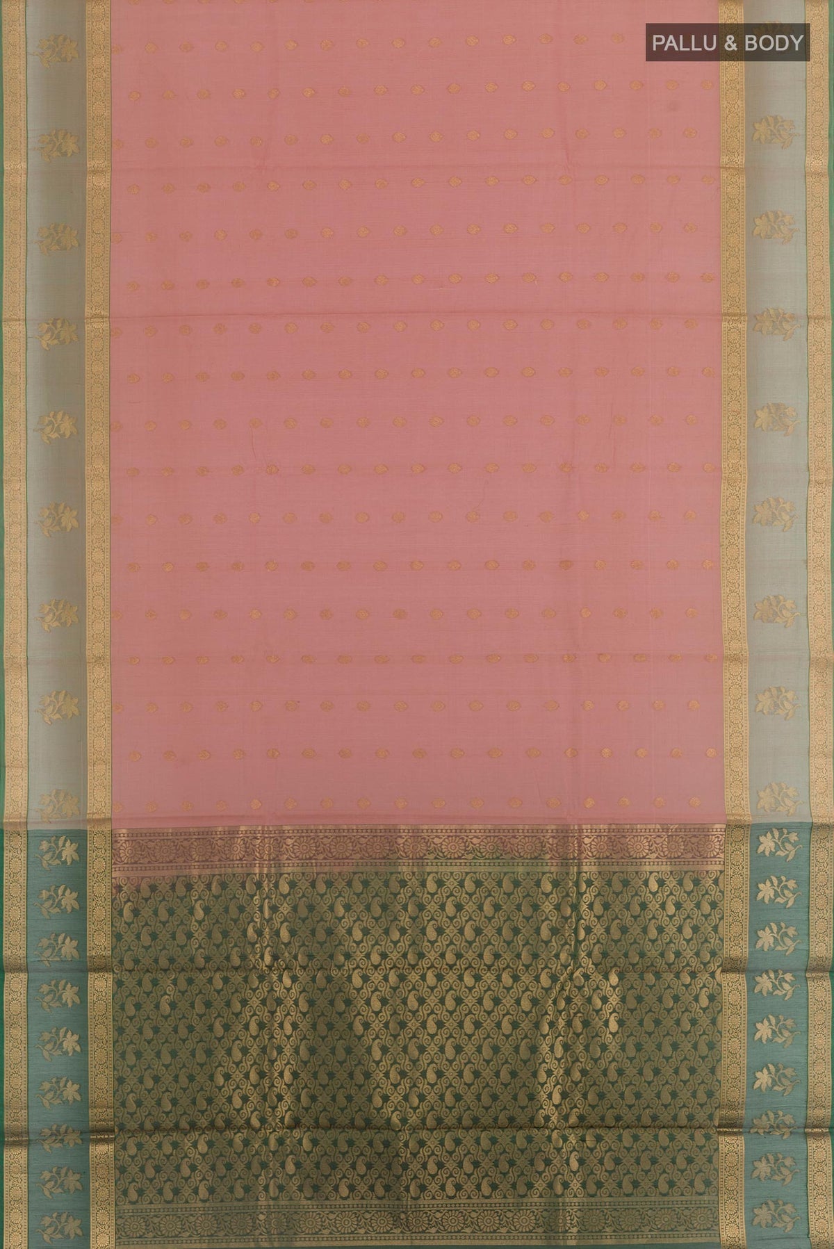 Flat view of Peach Silk Cotton Saree with Zari Butta on the body and Zari Border. 