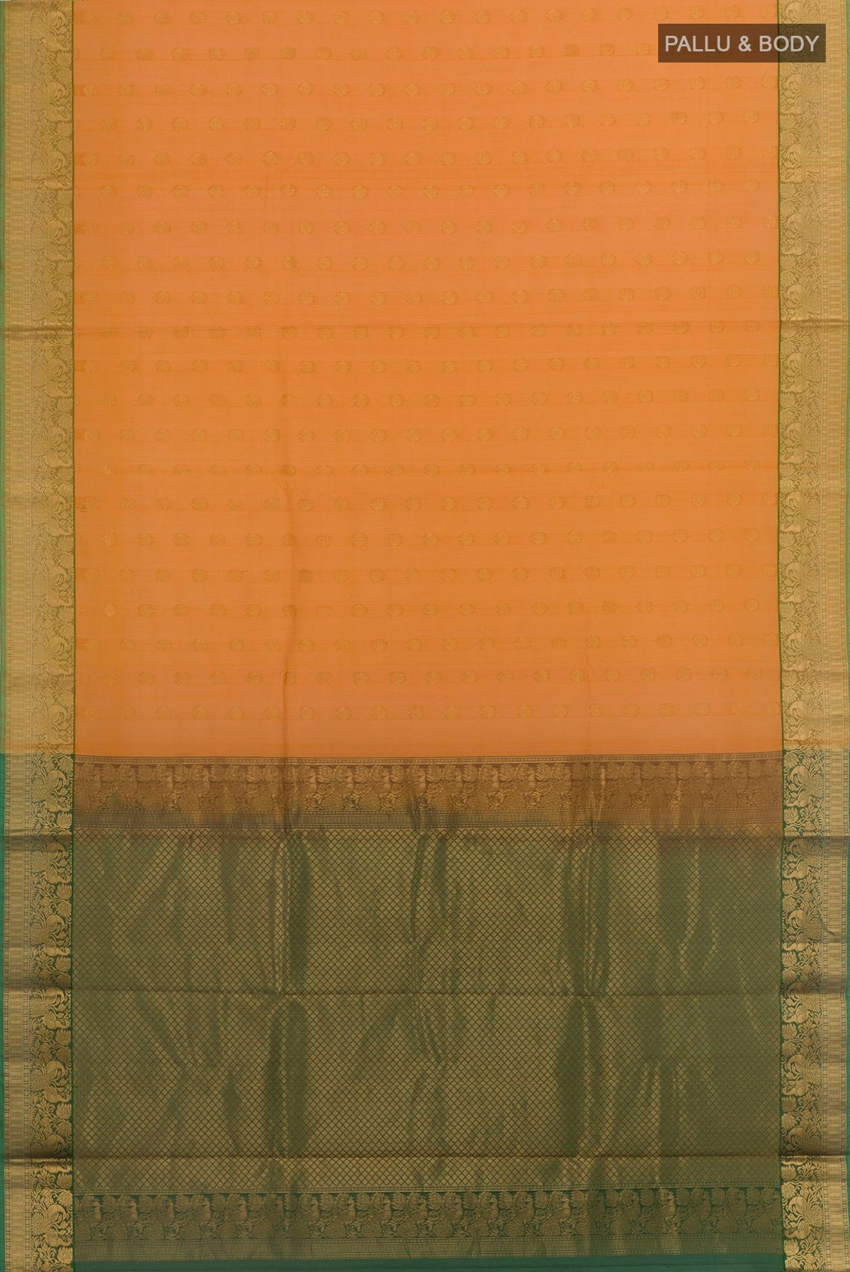 Flat view of Orange Blended Kora Cotton Saree with Zari Butta on the body and Zari Border. 