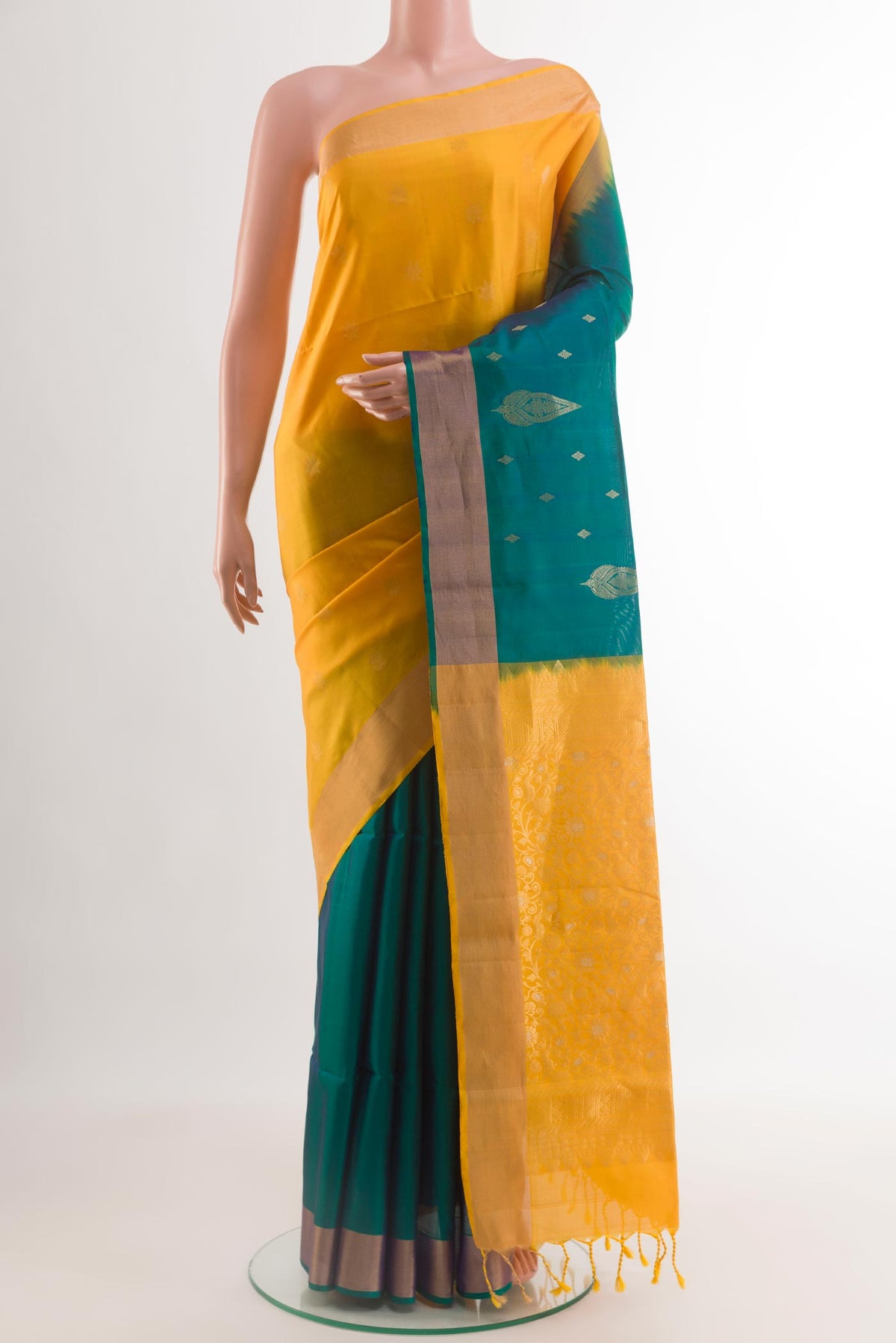 Multi Color Soft Silk Saree with Half And Half on the body and Zari Border.  displayed on a mannequin