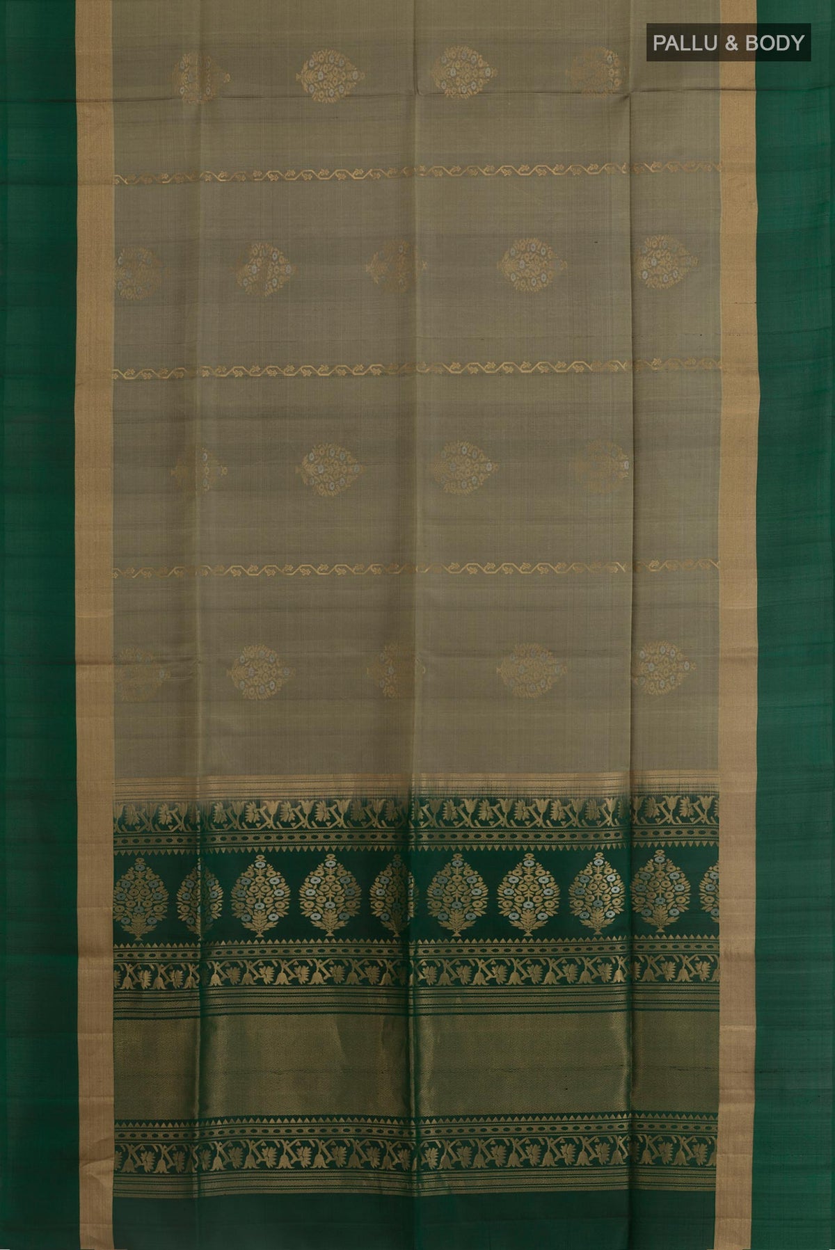 Flat view of Grey Soft Silk Saree with Zari Butta on the body and Zari Border. 
