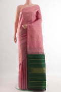 Pure Silk Pure Zari Pink Kanchipuram Saree with Stripes on the body and Zari Border.  displayed on a mannequin