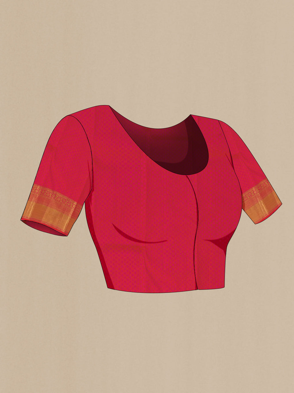 Close up image of the blouse of Pink Kanchipuram Silk Saree with Zari Brocade on the body and Zari Border. 