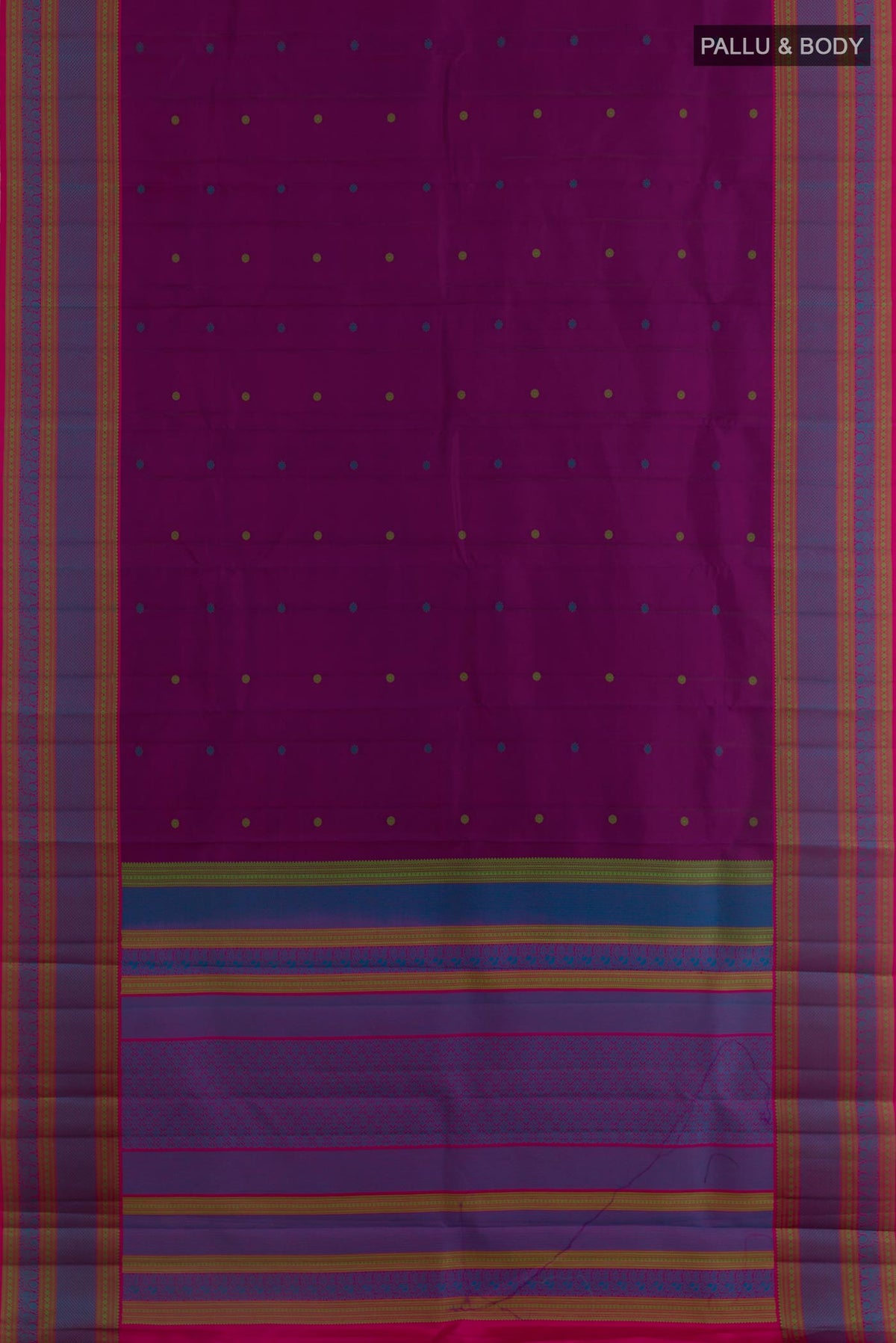 Flat view of Purple Kanchipuram Silk Saree with Thread Butta on the body and Thread Border. 