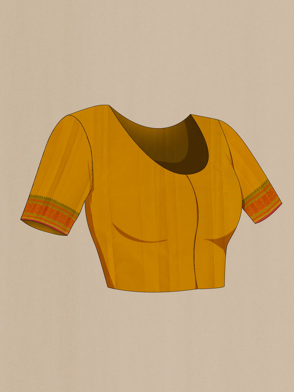 Close up image of the blouse of Orange Kanchipuram Silk Saree with Thread Butta on the body and Thread Border. 