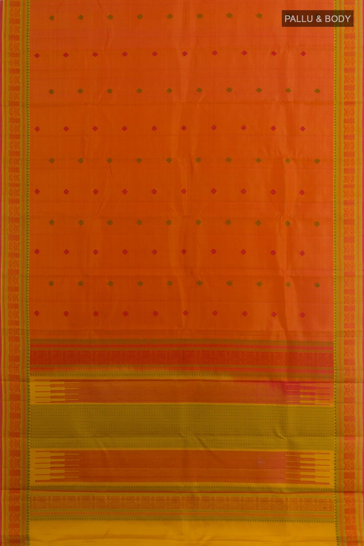 Flat view of Orange Kanchipuram Silk Saree with Thread Butta on the body and Thread Border. 