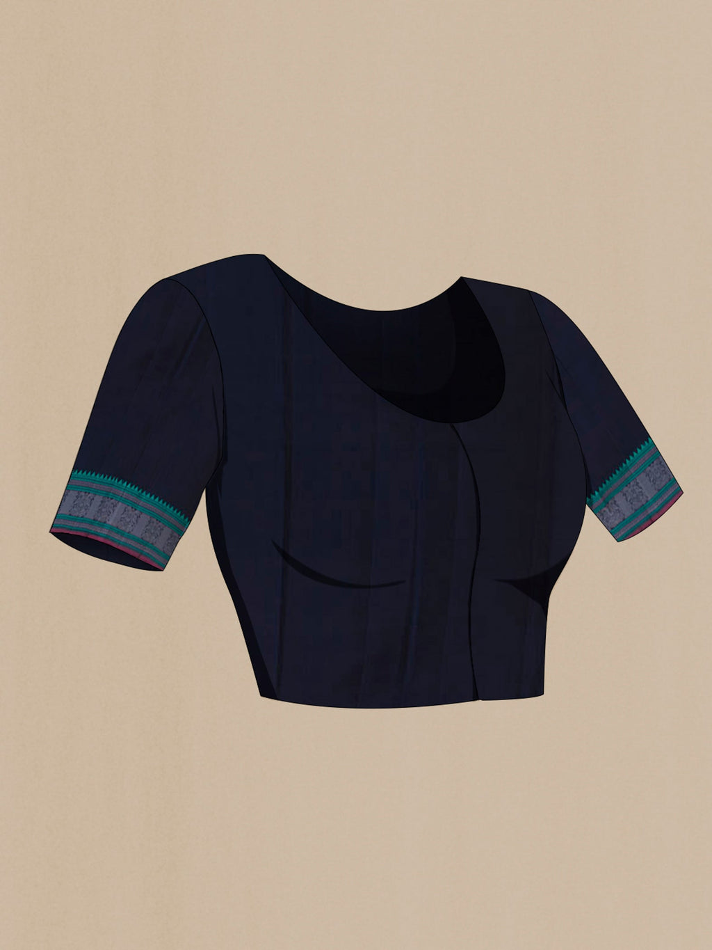 Close up image of the blouse of Navy Blue Kanchipuram Silk Saree with Thread Butta on the body and Thread Border. 