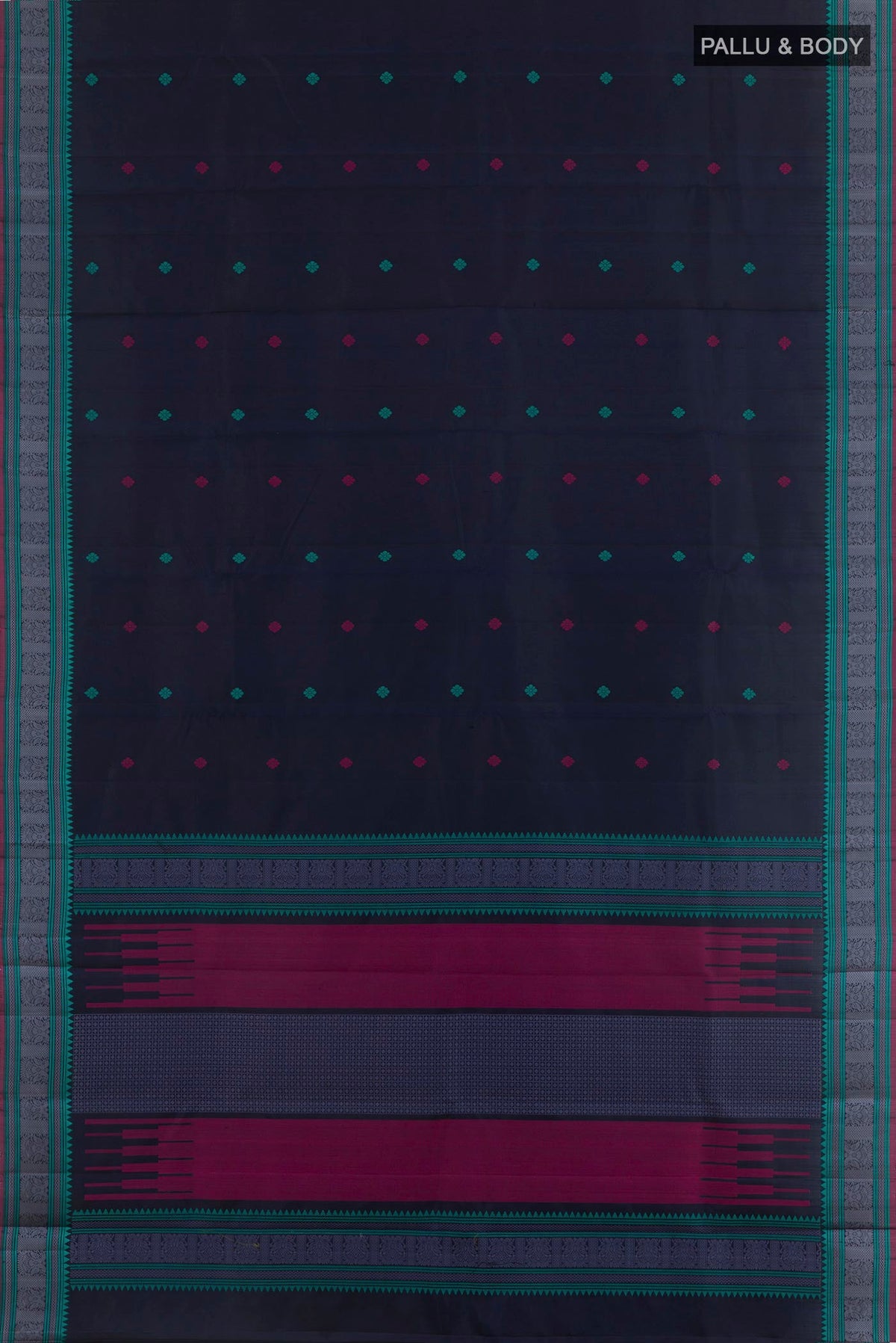 Flat view of Navy Blue Kanchipuram Silk Saree with Thread Butta on the body and Thread Border. 