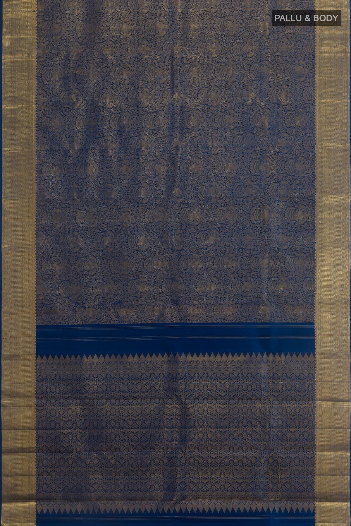 Flat view of Pure Silk Pure Zari Blue Kanjivaram Saree with Zari Brocade on the body and Zari Border. 