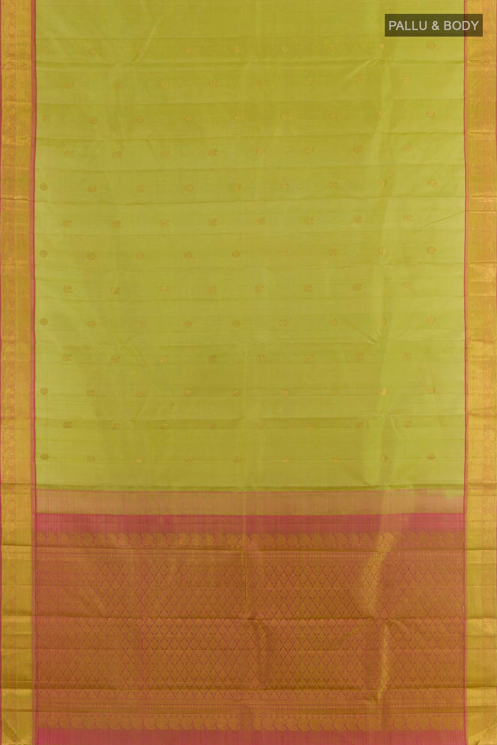 Flat view of Light Green Kanjivaram Silk Saree with Zari Butta on the body and Zari Border. 