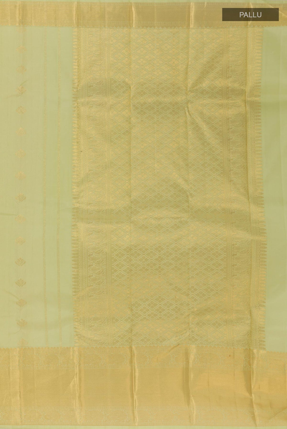 Close up image of the pallu of Light Green Kanjivaram Silk Saree with Jacquard With Zari Butta on the body and Zari Border. 