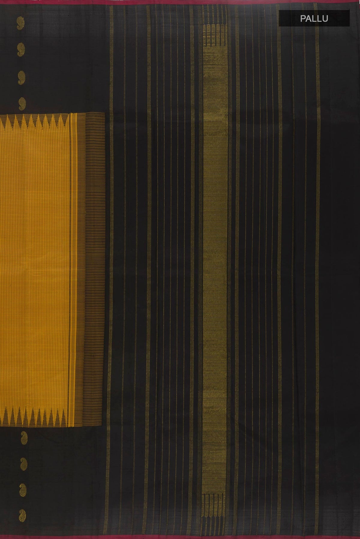 Close up image of the pallu of Yellow Kanjivaram Silk Saree with Checked design on the body and Plain Border. 