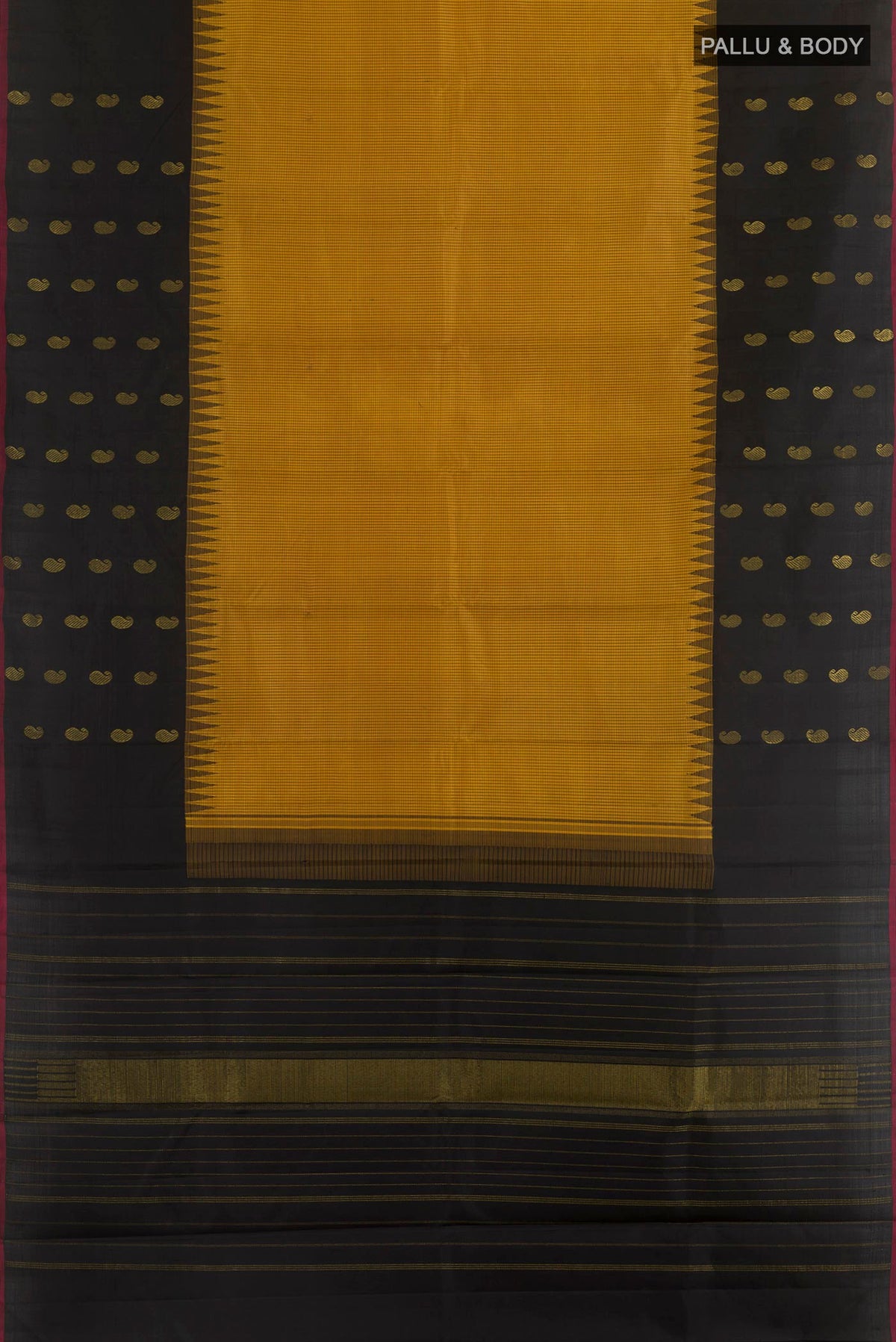 Flat view of Yellow Kanjivaram Silk Saree with Checked design on the body and Plain Border. 