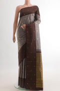 Grey Kanjivaram Silk Saree with Checked design on the body and Checks Border.  displayed on a mannequin
