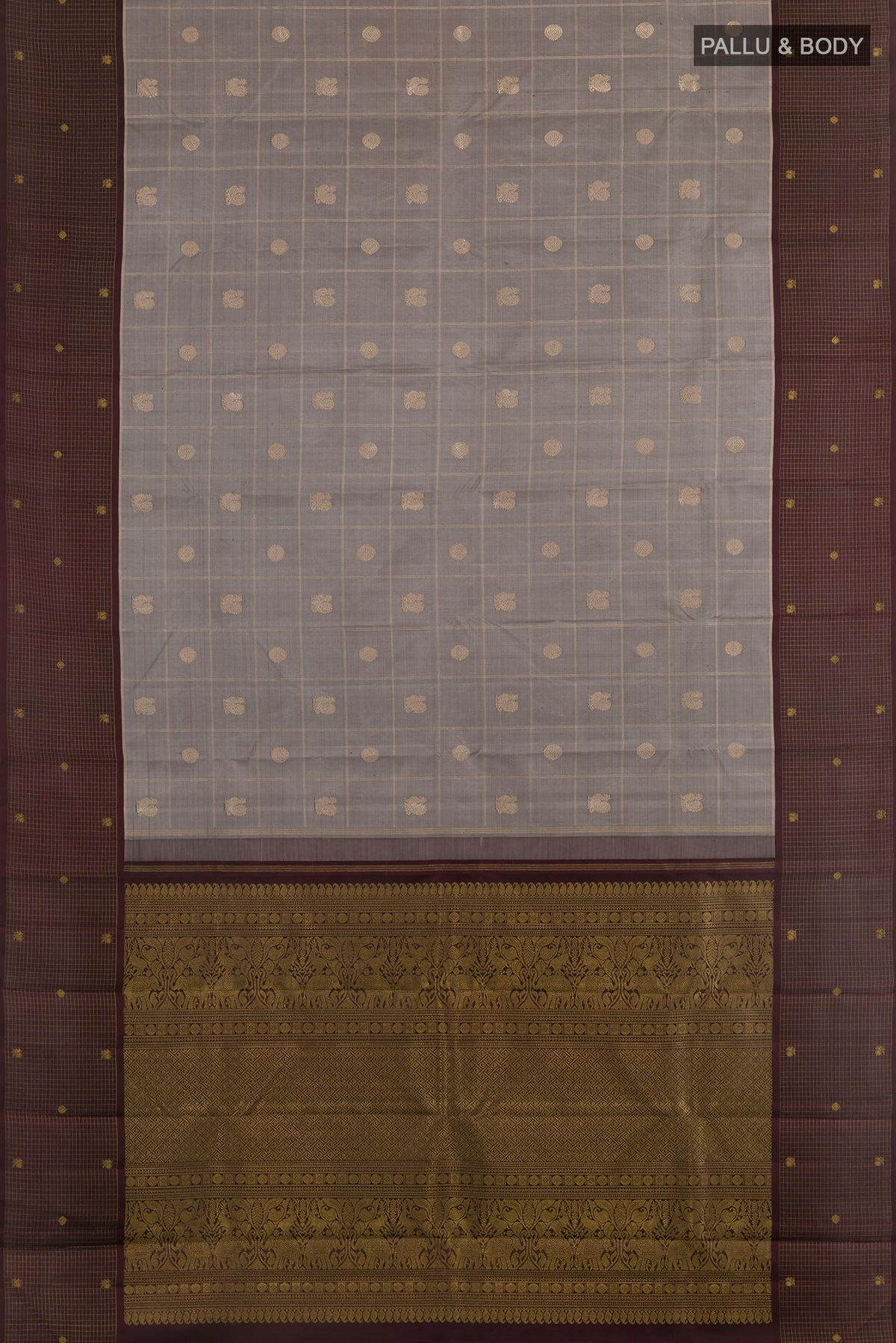 Flat view of Grey Kanjivaram Silk Saree with Checked design on the body and Checks Border. 