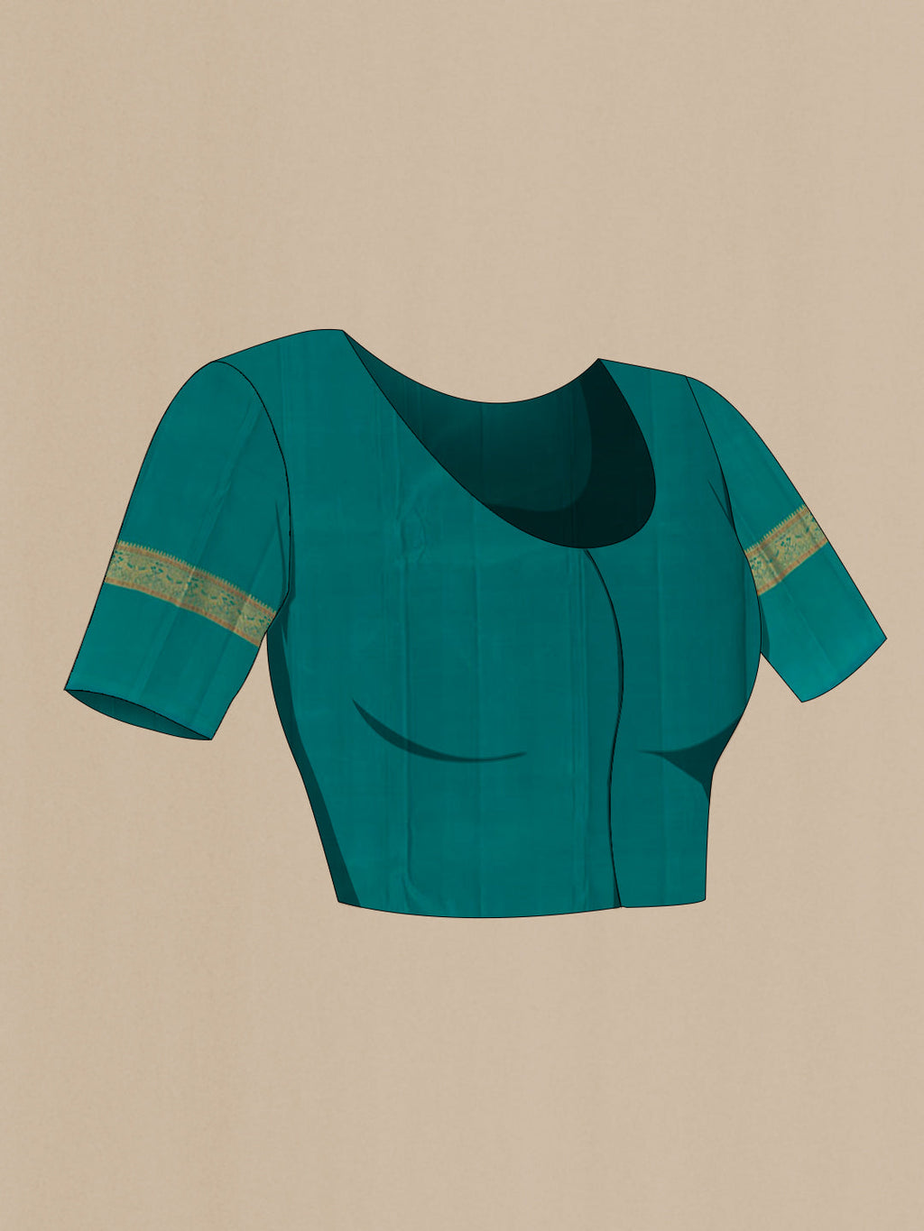 Close up image of the blouse of Peacock Blue Kanchipuram Silk Saree with Zari Butta on the body and Zari Border. 