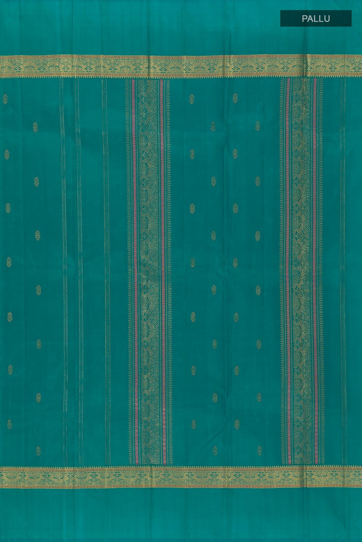 Close up image of the pallu of Peacock Blue Kanchipuram Silk Saree with Zari Butta on the body and Zari Border. 