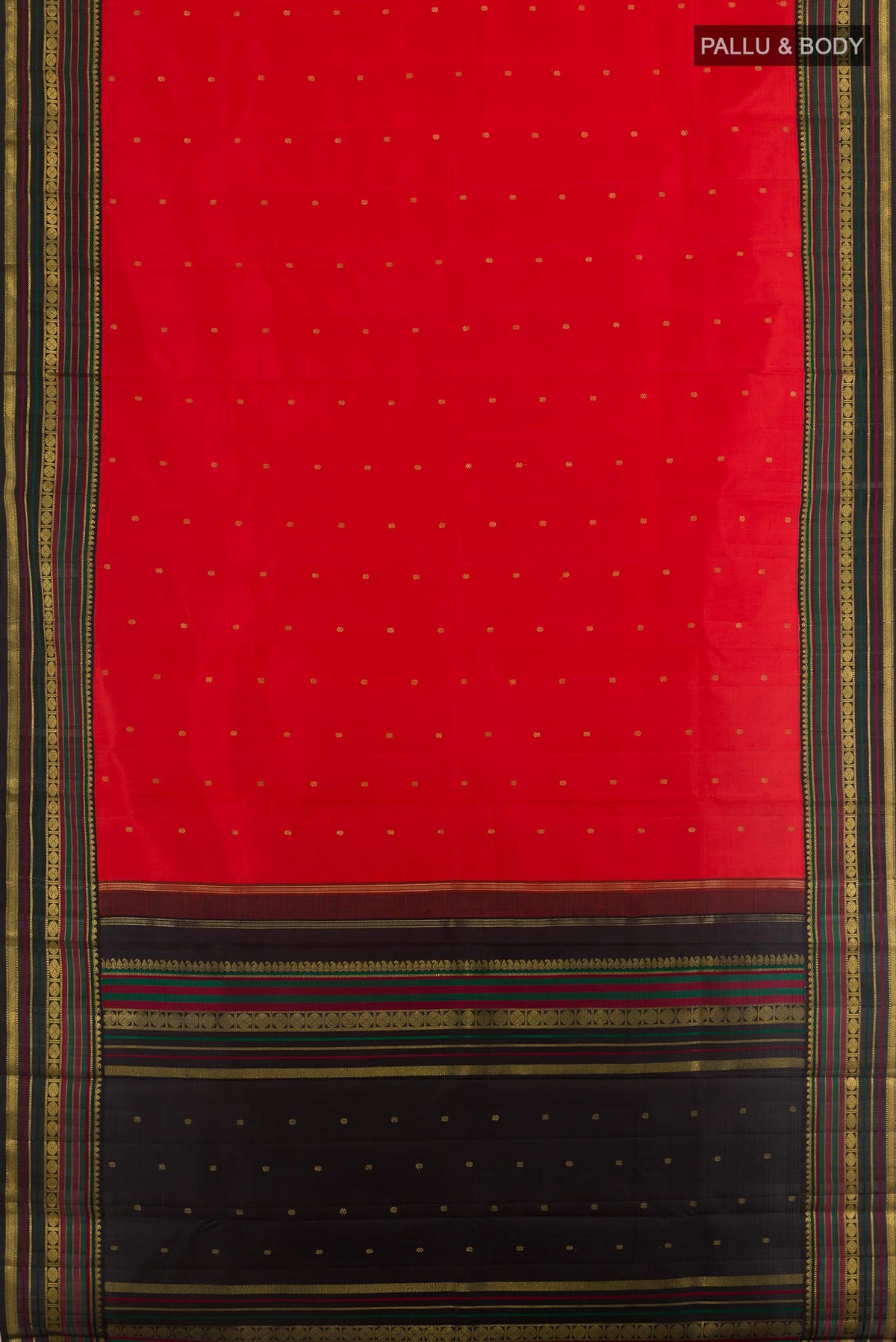 Flat view of Red Kanchipuram Silk Saree with Zari Butta on the body and Zari Border. 